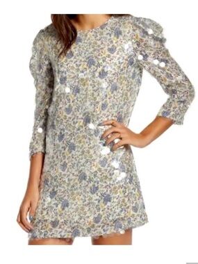 NWT English Factory Sequined Floral Mini Dress in Light Blue and Cream